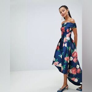 Chi Chi London floral printed bardot midi dress with high low hem